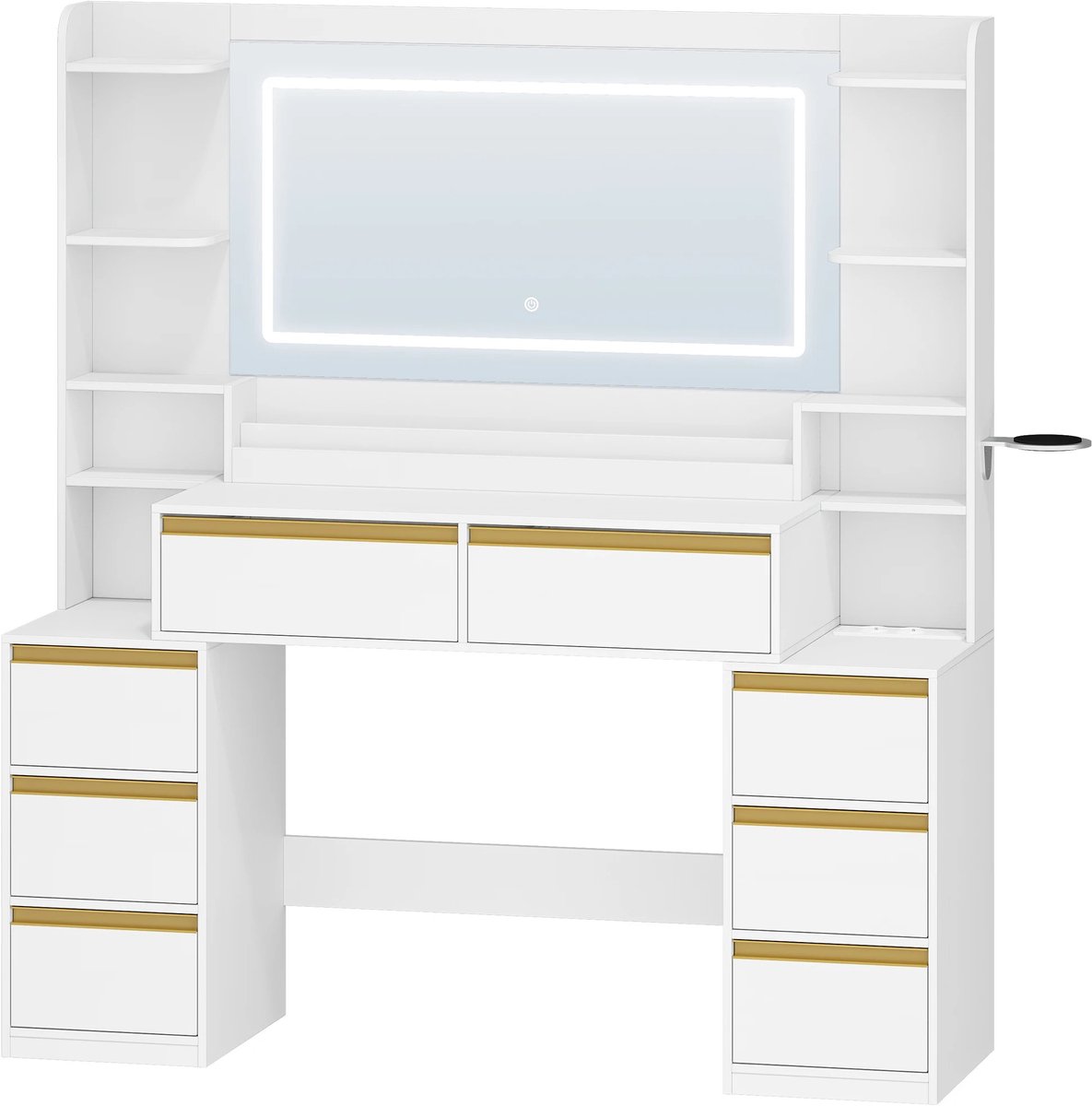 Velmio Kaptafel - Kaptafel Met Grote Spiegel En Verlichting - LED - 40 x 135 x 145,2cm - Make Up Tafel - Incl Anti-kantelvoorziening - Wit