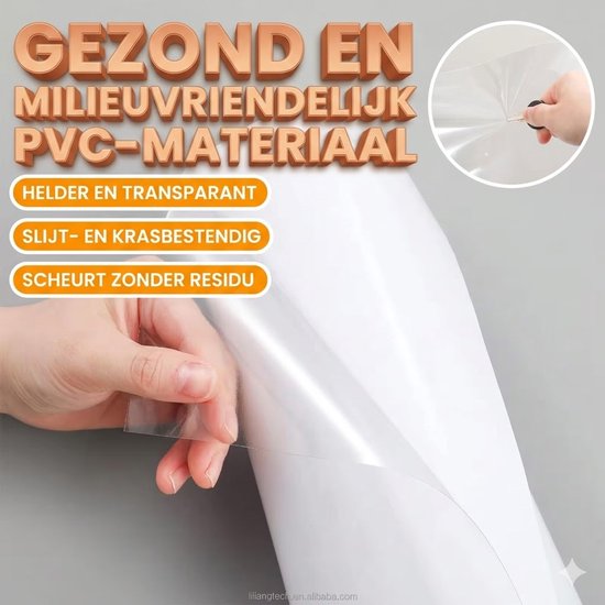 Rol transparant PVC-materiaal. Tekst: Gezond en milieuvriendelijk PVC-materiaal. Helder en transparant, slijt- en krasbestendig, scheurt zonder residu.