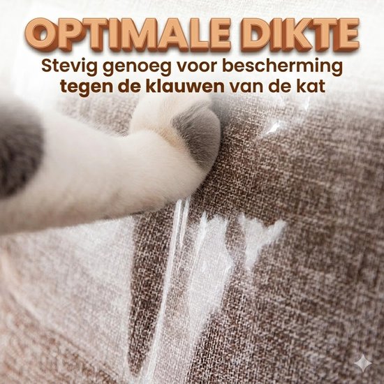 Kattenpootje met klauwen op beschermfolie op bruine stof. Tekst: Optimale dikte. Stevig genoeg voor bescherming tegen klauwen.