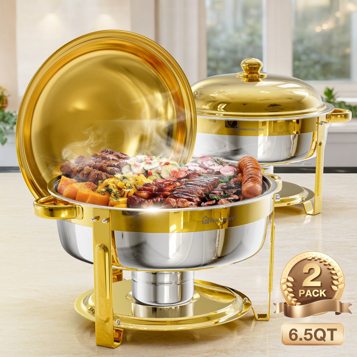 WARMOUNTS Chafing Dish Set van 2 – 6,15 L Ronde RVS Buffetwarmers met Dekselhouder – Stapelbaar – Voor Catering, Bruiloften en Feesten – Goud