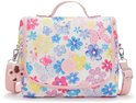 Witte tas met een bloemenprint in roze, blauw, geel en paars, roze accenten en een pluizige sleutelhanger.