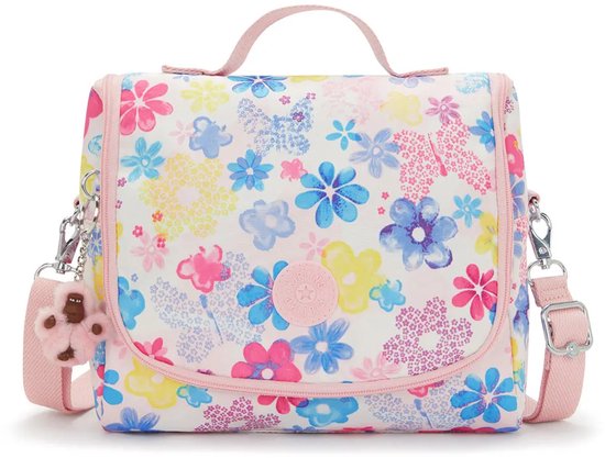 Witte tas met een bloemenprint in roze, blauw, geel en paars, roze accenten en een pluizige sleutelhanger.