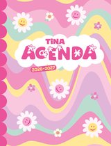 Omslag van een agenda met de tekst 'TINA AGENDA 2026-2027', versierd met bloemen en golvende pastellijnen.