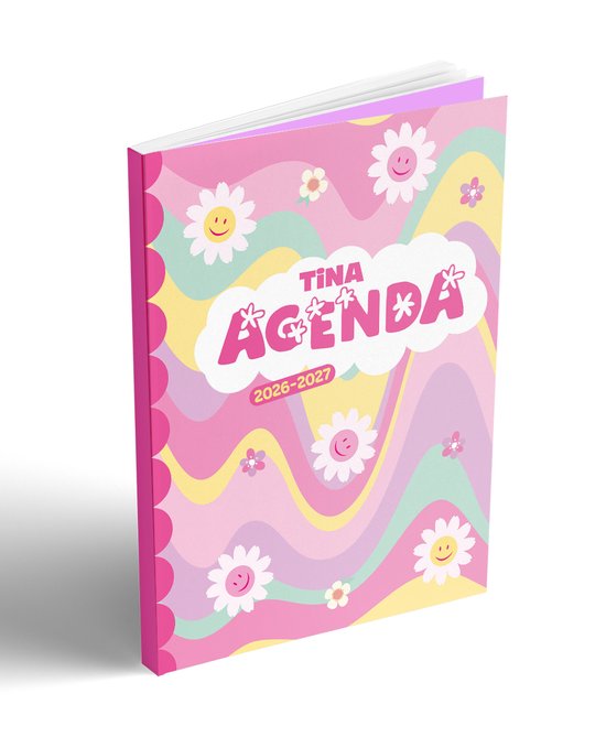 Gesloten agenda van Tina, met een vrolijk gekleurde omslag met bloemen en golvende pastellijnen.