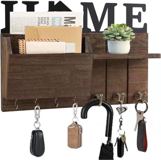 Sleutelrek in donkerbruin hout met "HOME" opschrift, gevuld met post en sleutelhangers.