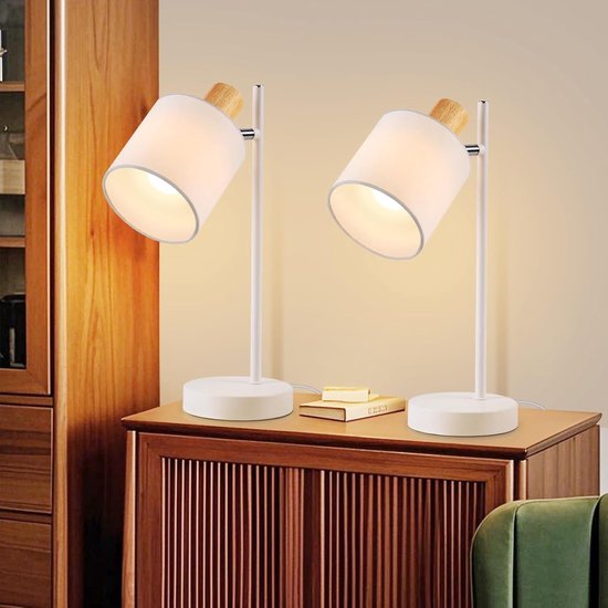 Glitzerlife Houten Vintage Tafellamp - 2 stuks Schemerlampje Slaapkamer met E14 Fitting - Nachtkastlampen Draaibaar - Wit Stoffen Kap - Retro Rustiek Design - Voor Nachtkast Bureau Woonkamer - Exclusief lamp
