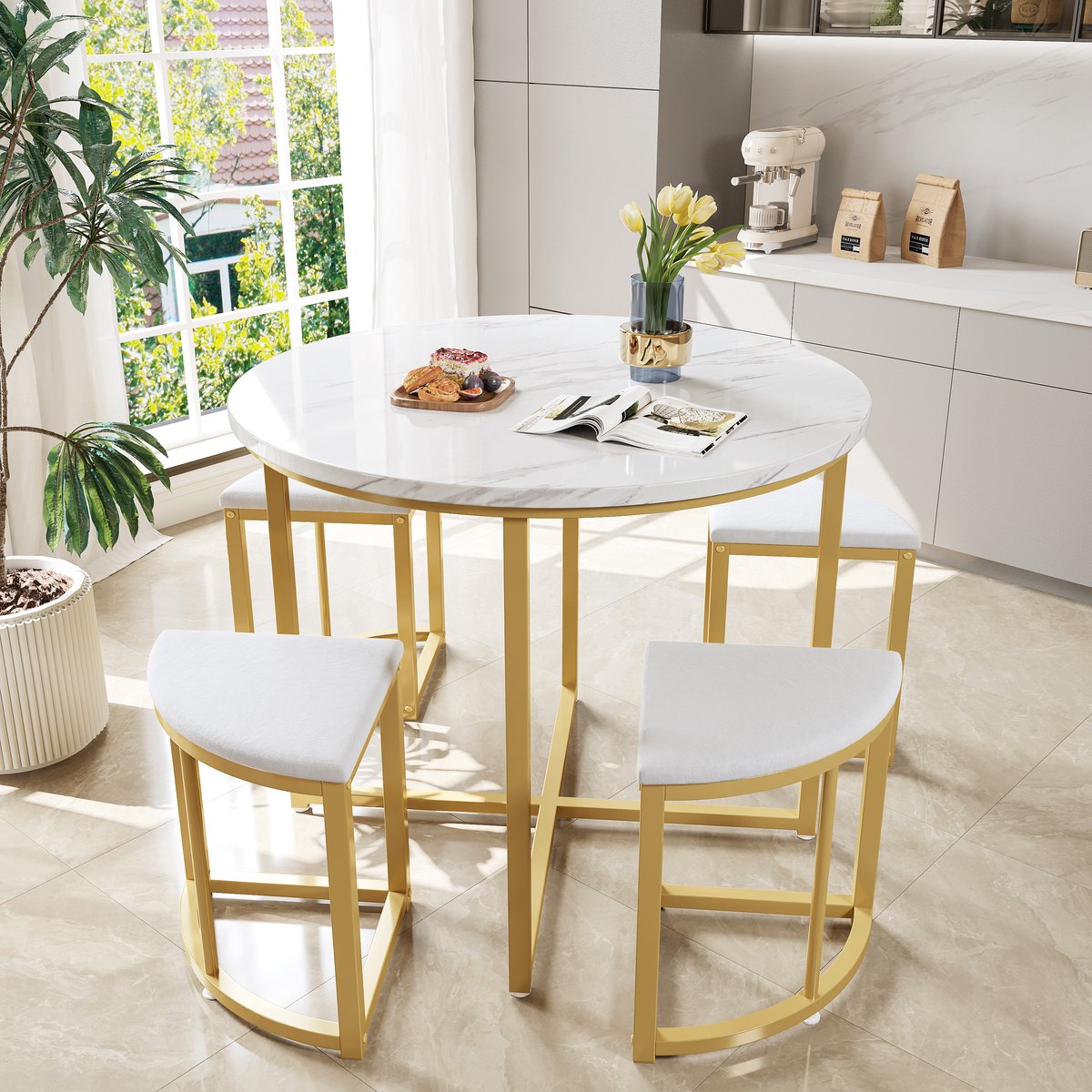Eettafelset - 140x80 cm - Essgroep Met 4 Stoelen - Moderne Luxe + Samtstoelen - MDF + Gouden Metaal - Wit
