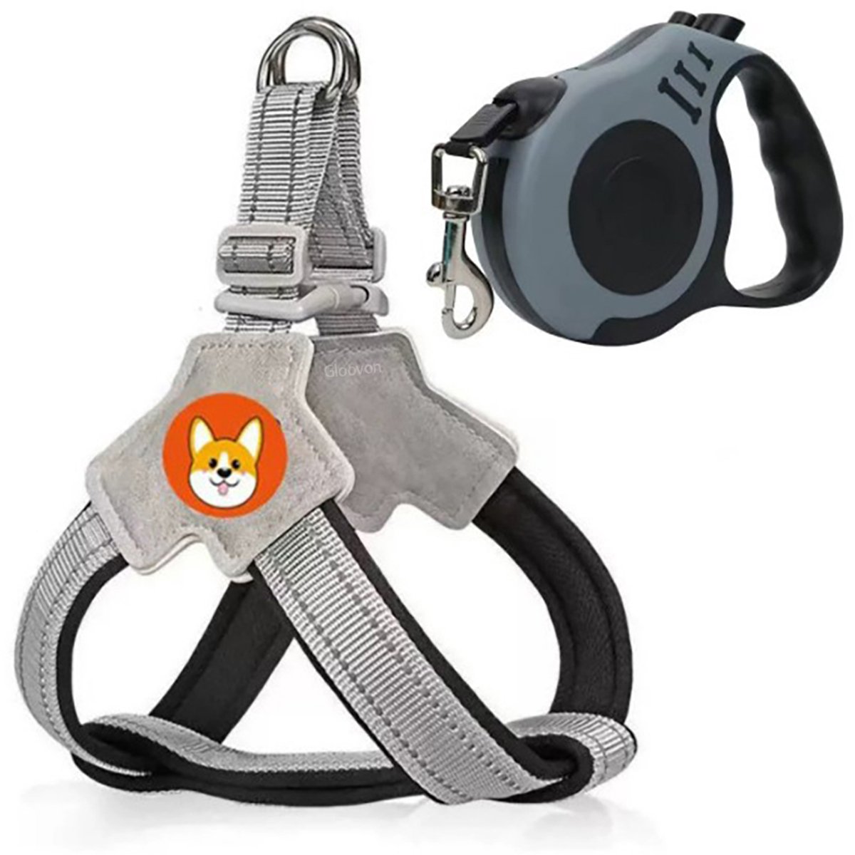 Gloovon® Hondentuig Set met Looplijn - Y-vormig Anti-Trek - Reflecterend & Ademend - Verstelbaar - Grijs - Maat M (6-9kg)