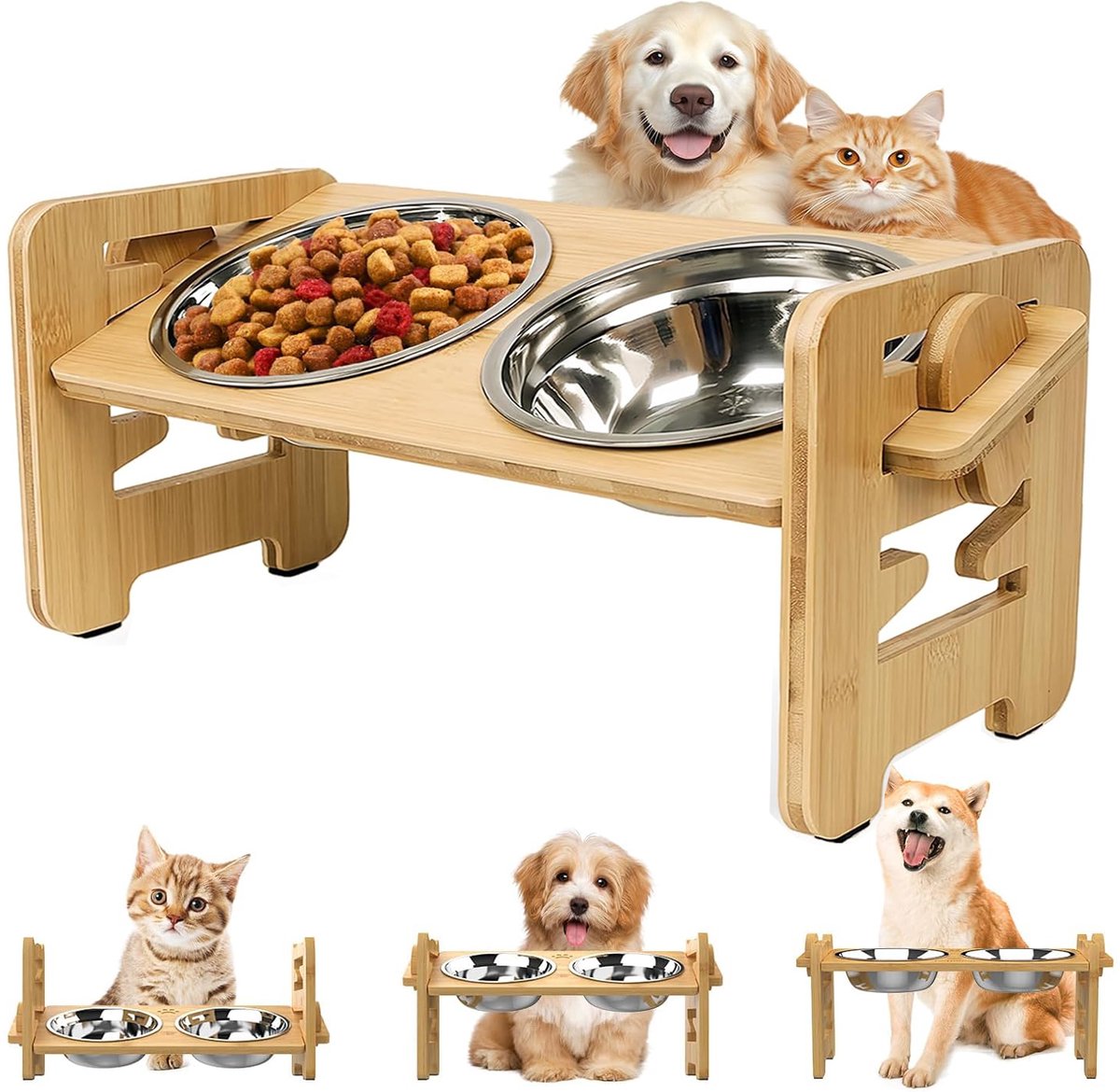Voerbak Hond en Kat Verhoogd – 2x RVS Voerbakken – Verstelbare Voerstandaard met 6 Hoogtes en 15° Kanteling – Bamboe Anti-Slip – Voor Kleine Honden en Katten – 40 × 18 × 19,5 cm