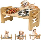Voerbak Hond en Kat Verhoogd – 2x RVS Voerbakken – Verstelbare Voerstandaard met 6 Hoogtes en 15° Kanteling – Bamboe Anti-Slip – Voor Kleine Honden en Katten – 40 × 18 × 19,5 cm