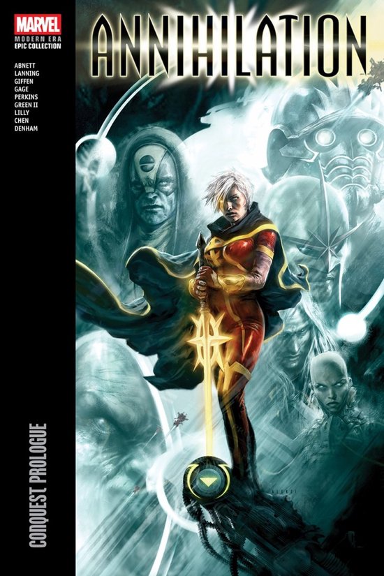 Marvel Annihilation Conquest Prologue graphic novel met een vrouw in rood en geel kostuum met een zwaard.