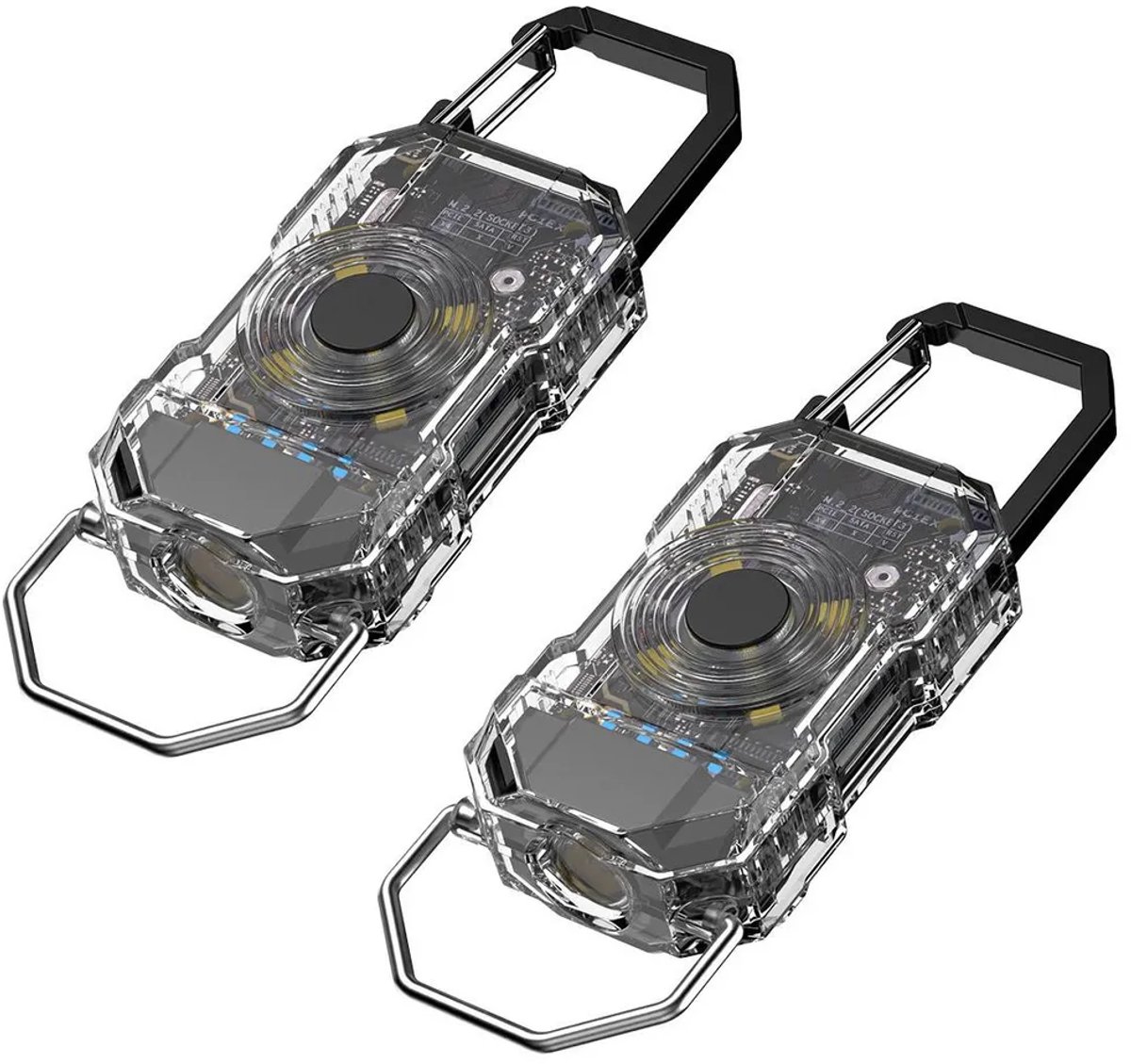 Twee LED-sleutelhangers met lampjes, compact en draagbaar, opladen via USB-C, 6 standen, hoge helderheid, met waarschuwingslichtfunctie, geschikt voor gebruik buitenshuis, in noodsituaties en op de camping.