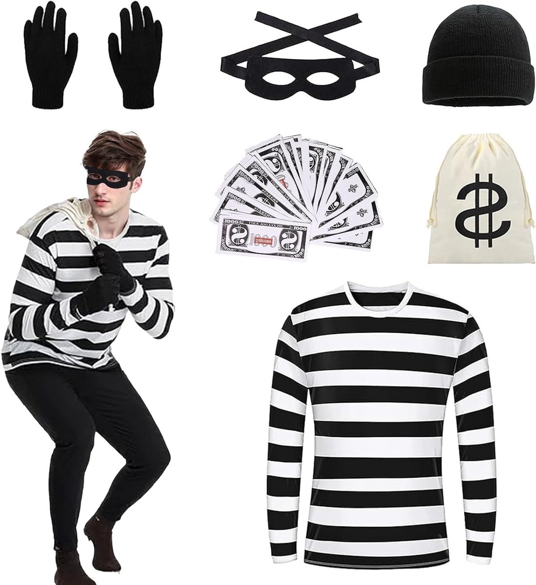 Volwassenen Diefkostuum Set met T-Shirt, Hoed en Handschoenen voor Carnaval en Themafeesten