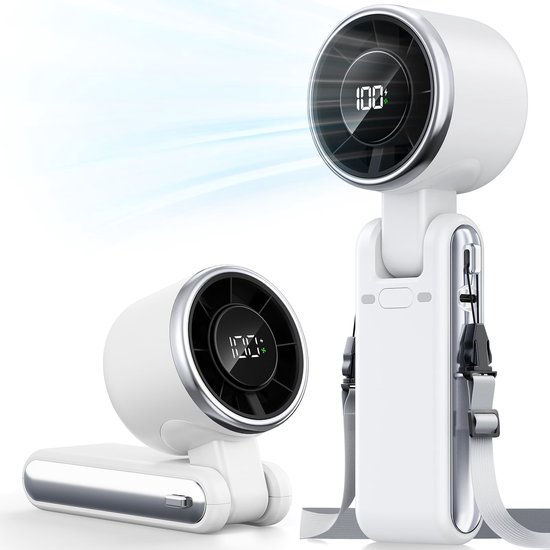 Draagbare handventilator turbo 5 snelheden USB-C oplaadbaar 12u batterij mini ventilator reis strand zwart wit