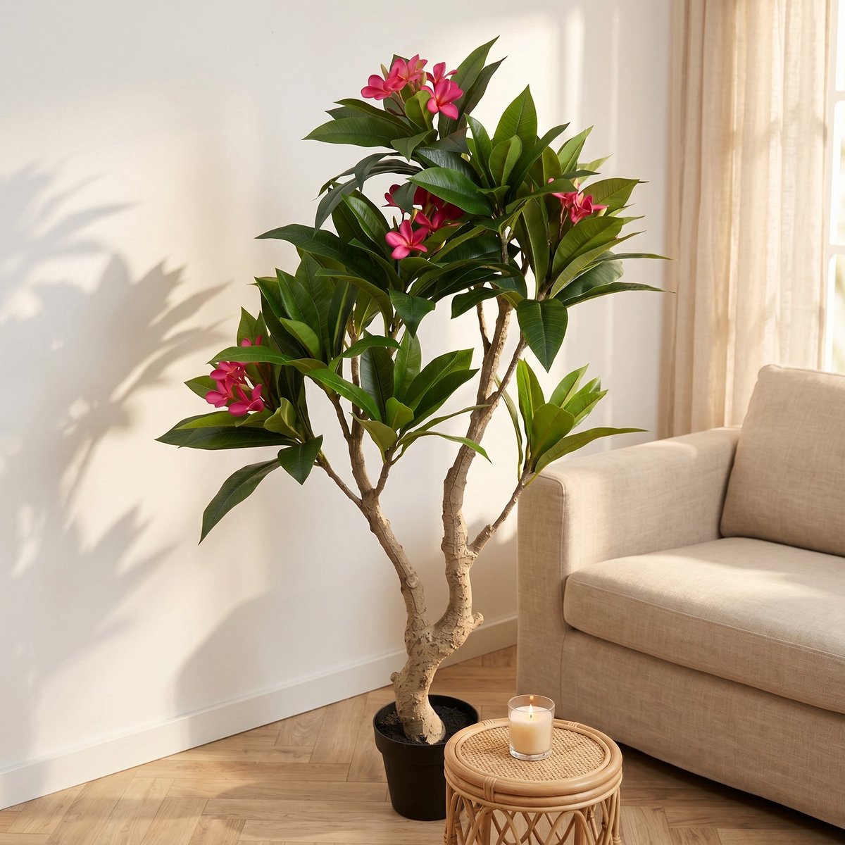 Cheqo® Kunstplant Frangipani - Plumeria - Kunstboom - Kunst Bloesemboom - Nepplant - Roze Bloemen - Kunstbloemen - voor Binnen - Decoratie Woonkamer - Tropische Plant - Grote Kunstplant - Kunstplant in Pot - Bloeiende Kunstplant - Nep Plant