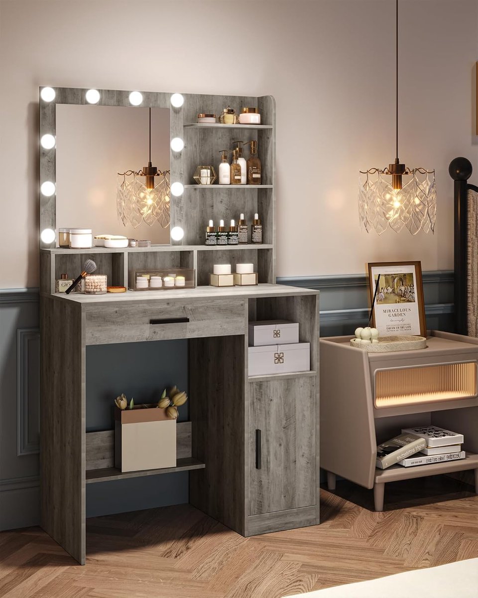 Make-up Kaptafel met LED Spiegel & 10 Dimbare Lampen – 40x80x140 cm, Greige Dressing Table met Lade, Kast, 3 Planken & 4 Open Vakken – Moderne Vanity Tafel