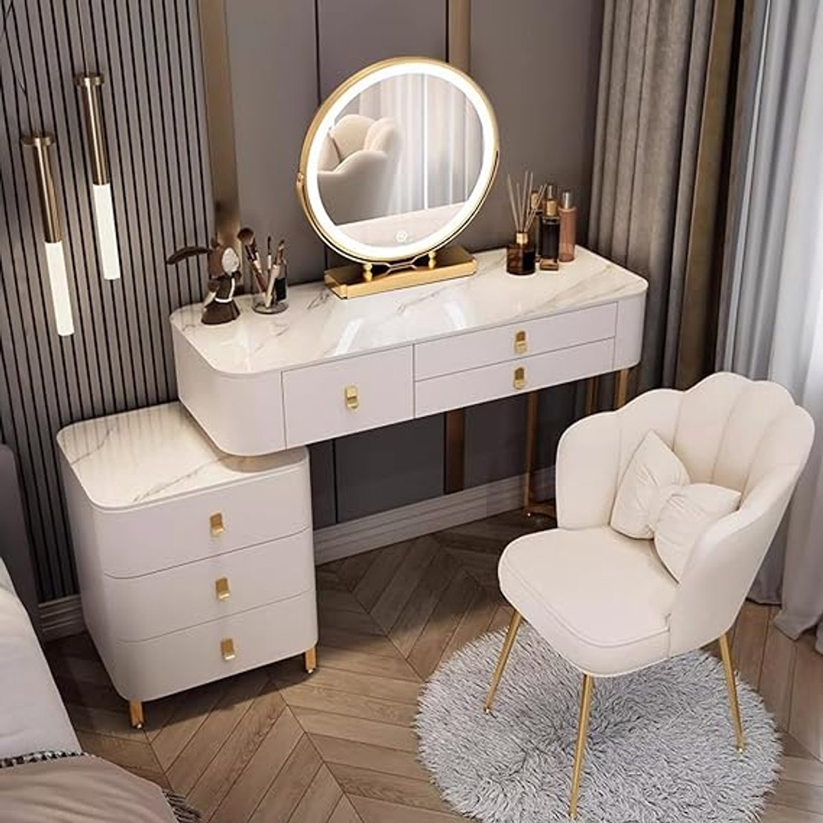 Luxe LED Make-up Kaptafel met Spiegel en 6 Lades 100x40x76 cm Wit Hoogglans Schminktafel met Verlichting en Bijzetkast