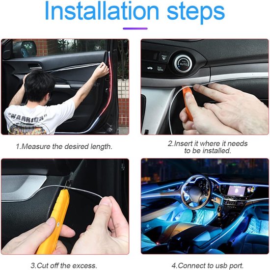 Installatiestappen voor auto-interieurverlichting, inclusief meten, inbrengen en knippen.