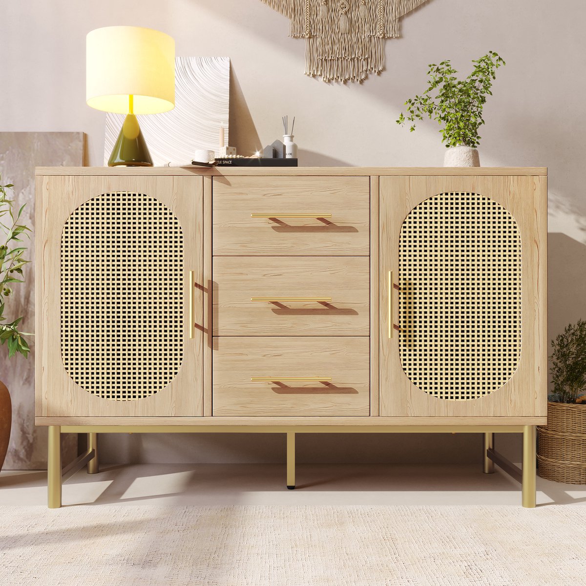 Dressoir van rotan met 3 lades en 2 rotan deuren, dressoir, kaptafel, voor slaap- en woonkamer, verstelbare planken, anti-kantelmechanisme, 120 x 40 x 74 cm, Sonoma eikenhout