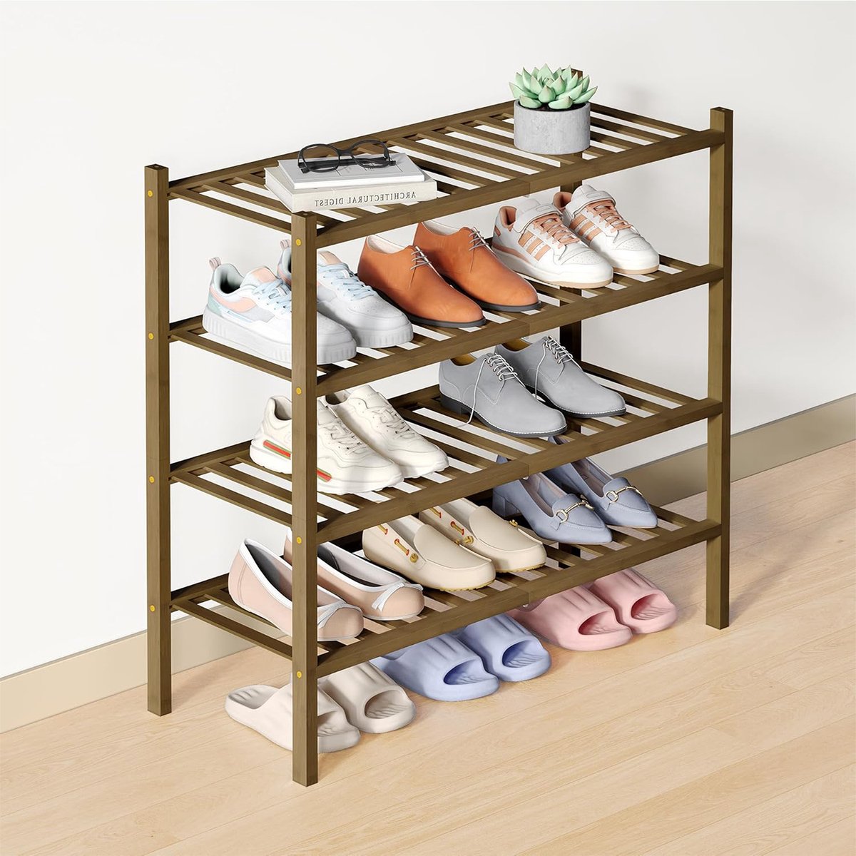 Homaxy Schoenenrek (4 niveaus) - Bamboe Schoenenrek - Houten Schoenenkast -Schoenenrek hout - 68x28x66cm - Walnoothoutkleur