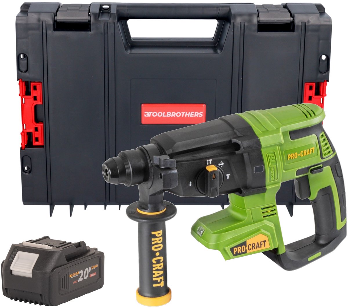 Procraft PHA40bb accu-boorhamer 20 V 2,6 J SDS plus borstelloos + 1x accu 4,0 Ah + RHINO gereedschapskoffer - zonder oplader