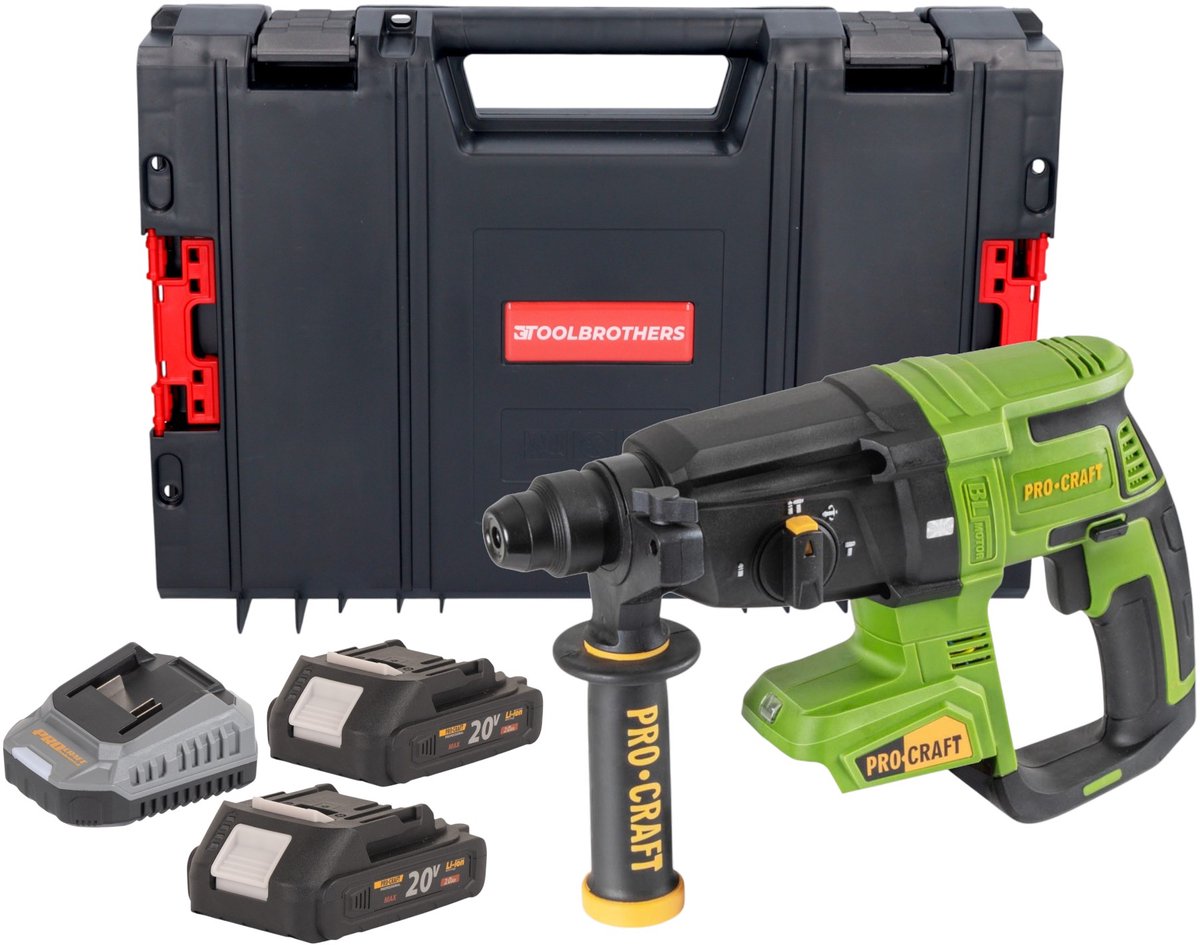 Procraft PHA40bb accu-boorhamer 20 V 2,6 J SDS plus Brushless + 2x accu 2,0 Ah + oplader + RHINO-gereedschapskoffer