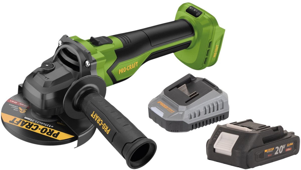 Procraft PGA22-BB accu haakse slijper 20 V 125 mm borstelloos + 1x accu 2,0 Ah + oplader