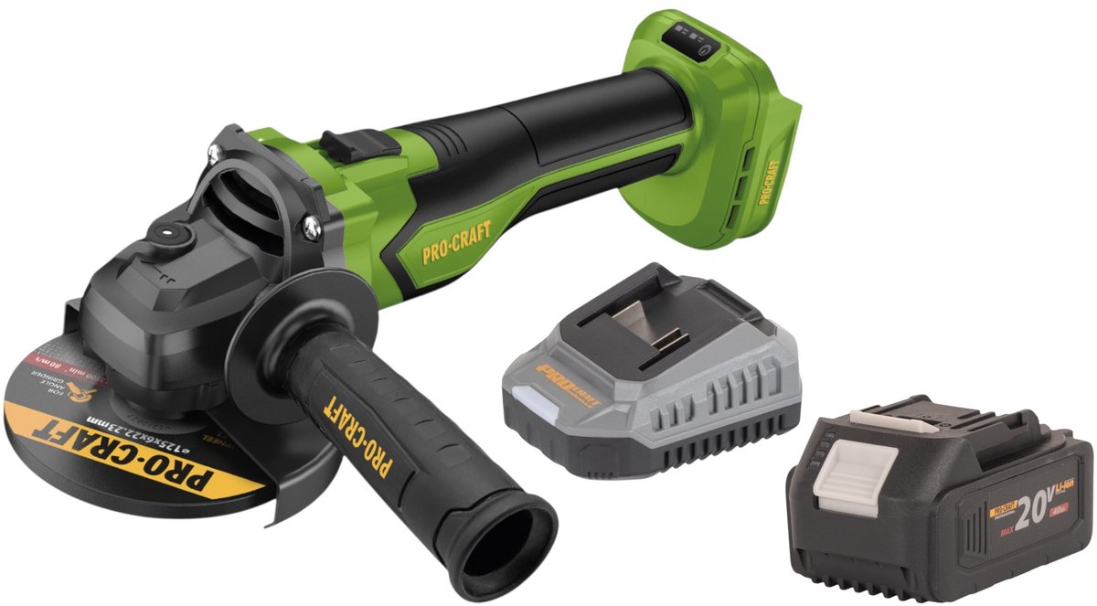 Procraft PGA22-BB accu haakse slijper 20 V 125 mm borstelloos + 1x accu 4,0 Ah + oplader