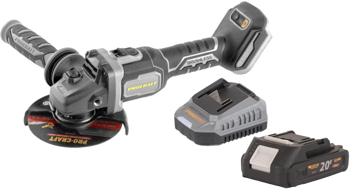 Procraft Industrial AG125Bbb accu haakse slijper 20 V 125 mm borstelloos + 1x accu 2,0 Ah + oplader