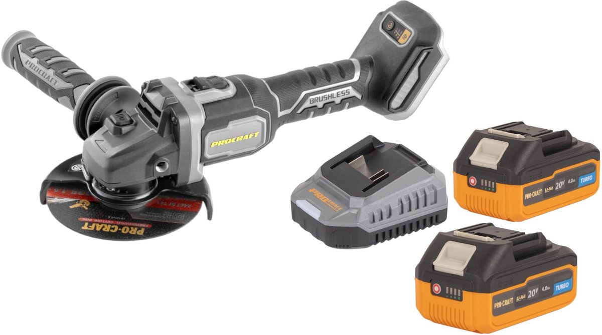 Procraft Industrial AG125Bbb accu haakse slijper 20 V 125 mm borstelloos + 2x accu 4,0 Ah + oplader