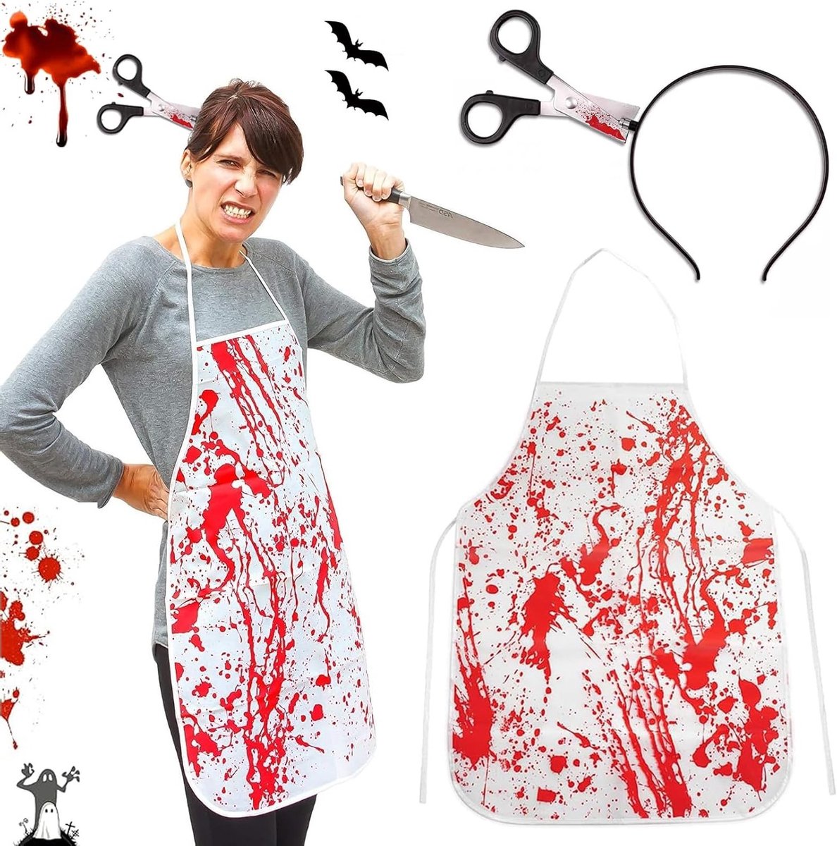 Bloederig Schort voor Halloween met Haaraccessoires en Bloedige Butcher Outfit voor Griezelige Feesten en Thema's zoals Vampiers en Zombies