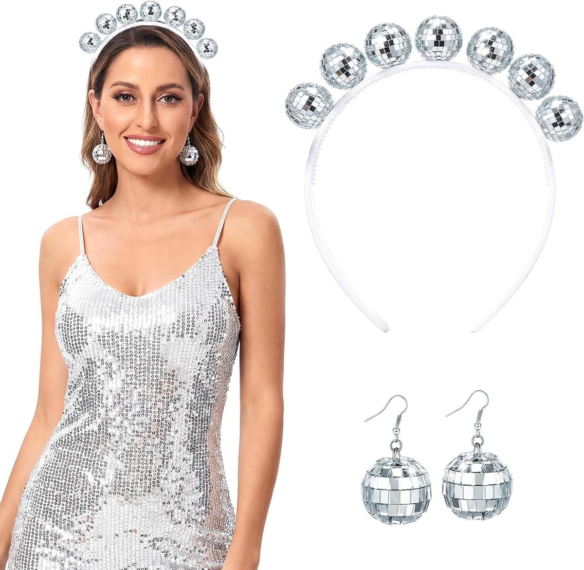 Disco Haarband en Oorbellen Set - Zilveren Disco Ball Accessoires voor 70s en 80s Feest, Carnaval en Thema Kostuums