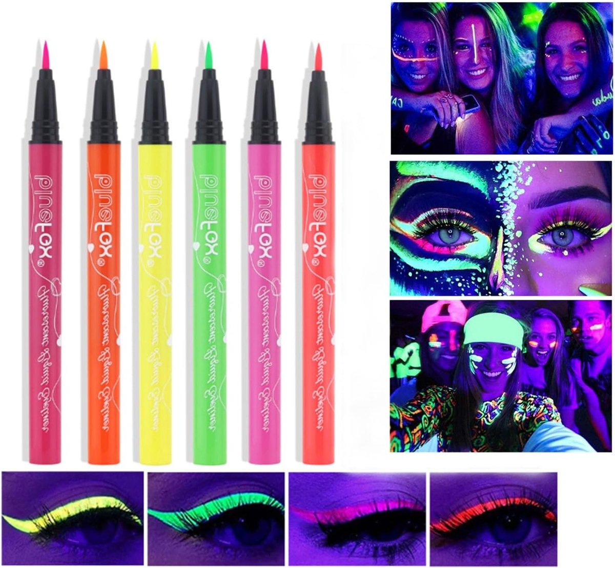 Neon Make-up Set met 6 Fluorescente Kleuren, UV Pen voor Gezichtsverf en Tattoo Pens voor Feesten en Festivals