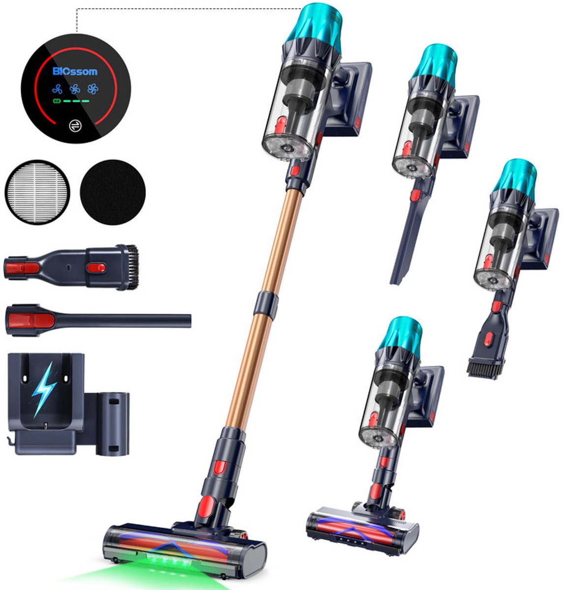 BLOSSOM Steelstofzuiger Draadloos - 650W - Kruimeldief - 55kPa Zuigkracht - Tot 65 Min Accuduur - Groene Laser - HEPA Filter - zonder zak - Blauw/Goud