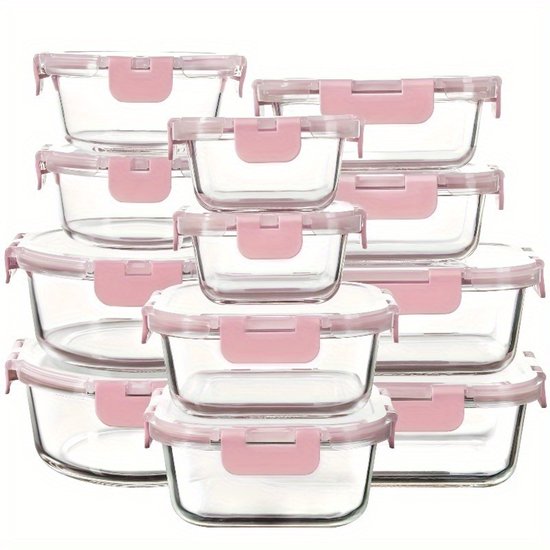 12 récipients alimentaires en verre - résistants au micro-ondes et au lave-vaisselle, récipient de cuisson rectangulaire, design empilable peu encombrant pour conserver les aliments frais, rose.