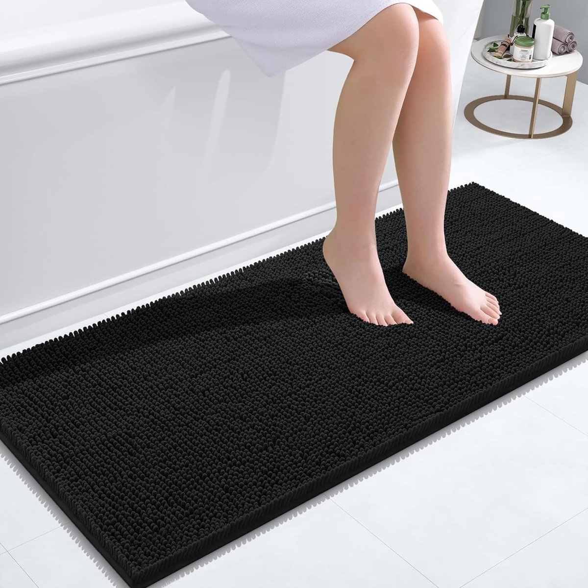 Homaxy - Badmat Antislip – Douchemat –Badmat Badkamer - Wasbare kort pluche Chenille Badmat- Voetenmat - Zwart -61x120cm
