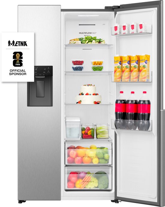 ETNA AKV6178IRVS Amerikaanse koelkast 528L RVS No-Frost ijs- en waterdispenser LED display energiezuinig C