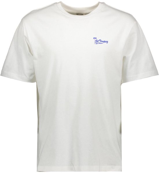 Wit T-shirt met kleine blauwe tekst 'St. Tropez' op de borst.