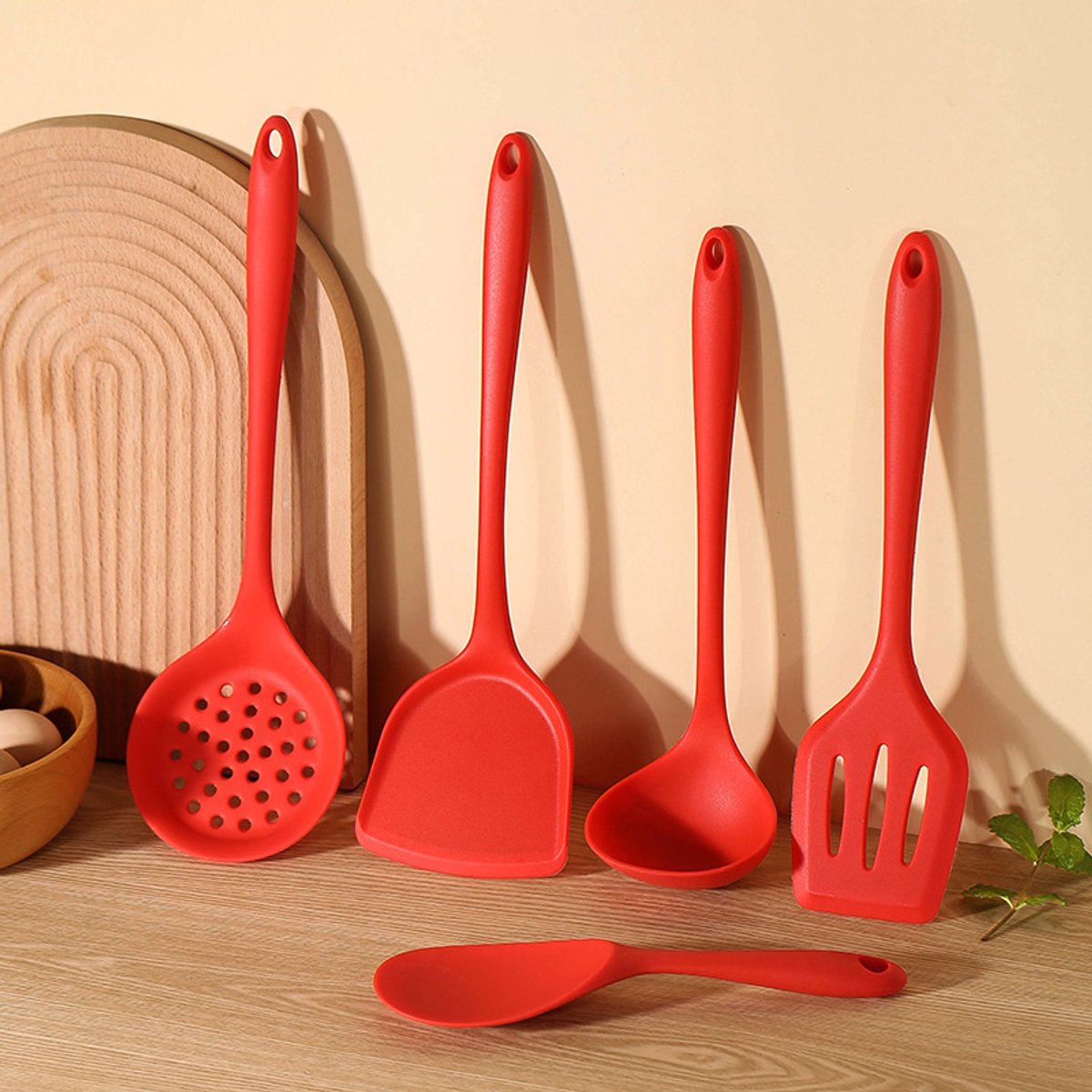 Set van 5 Stuks Keukengerei van Siliconen - Rood, Hittebestendig, Anti-aanbak & Vaarwasmachinebestendig, Voor elke Kookpan