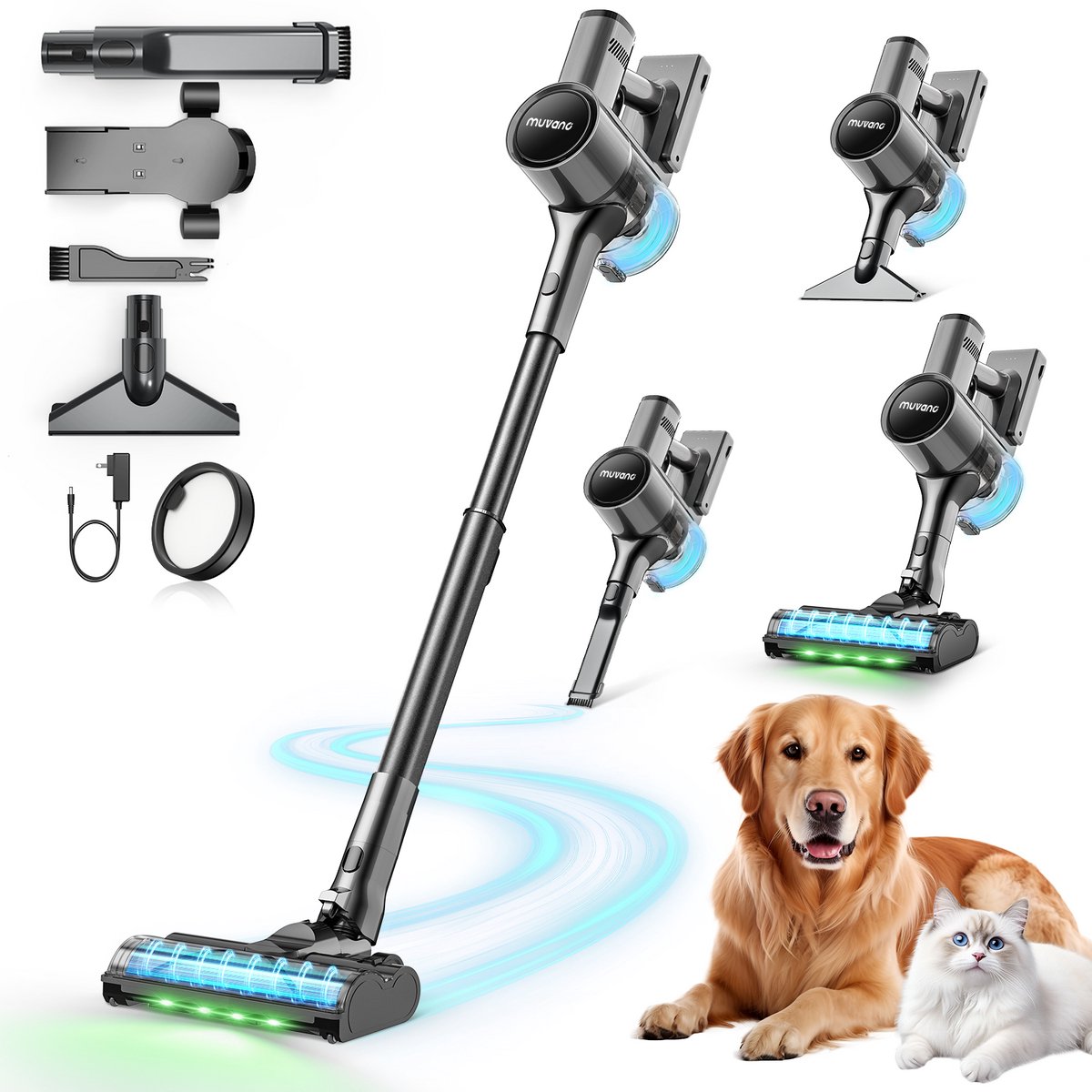 muvang Steelstofzuiger Draadloos - Steelstofzuiger- 500W - HEPA Filter - Kruimeldief -7*2500mAh-Op Accu-Zonder Zak - Vacuum Cleaner-Blauw-moederdag zwart