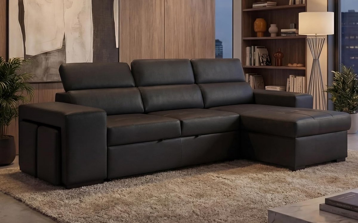 Hoekbank met chaise longue en slaapfunctie 263x127x95 cm – L-vorm 3-zits / 5-zits bank met verstelbare hoofdsteunen, kunstleer, modern design, huisdiervriendelijk, bedfunctie 201x127 cm – John Luxe Slaapbank – HomebyNicole