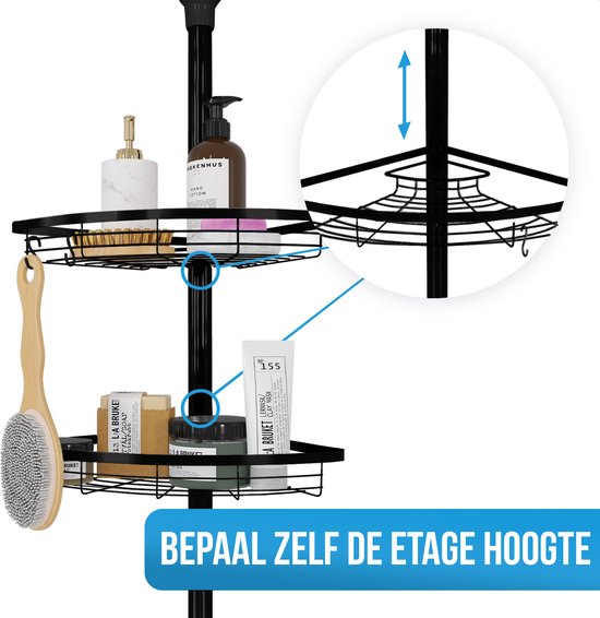 Strex Telescopisch Doucherek Zwart - Verstelbaar 70-275 cm - 4 Mandjes - Robuuste Kwaliteit - Bevestigen zonder Boren of Schroeven - Telescopisch Douche Rek Hoek