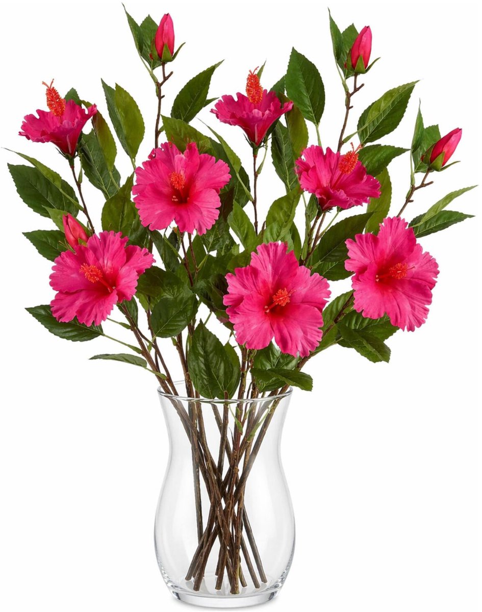 Mica Decorations Kunstbloem Hibiscus Floral - 4x - H74 cm - roze - kunststof - stelen kunstbloemen - boeket - rozen bloemetjes Fuchsia