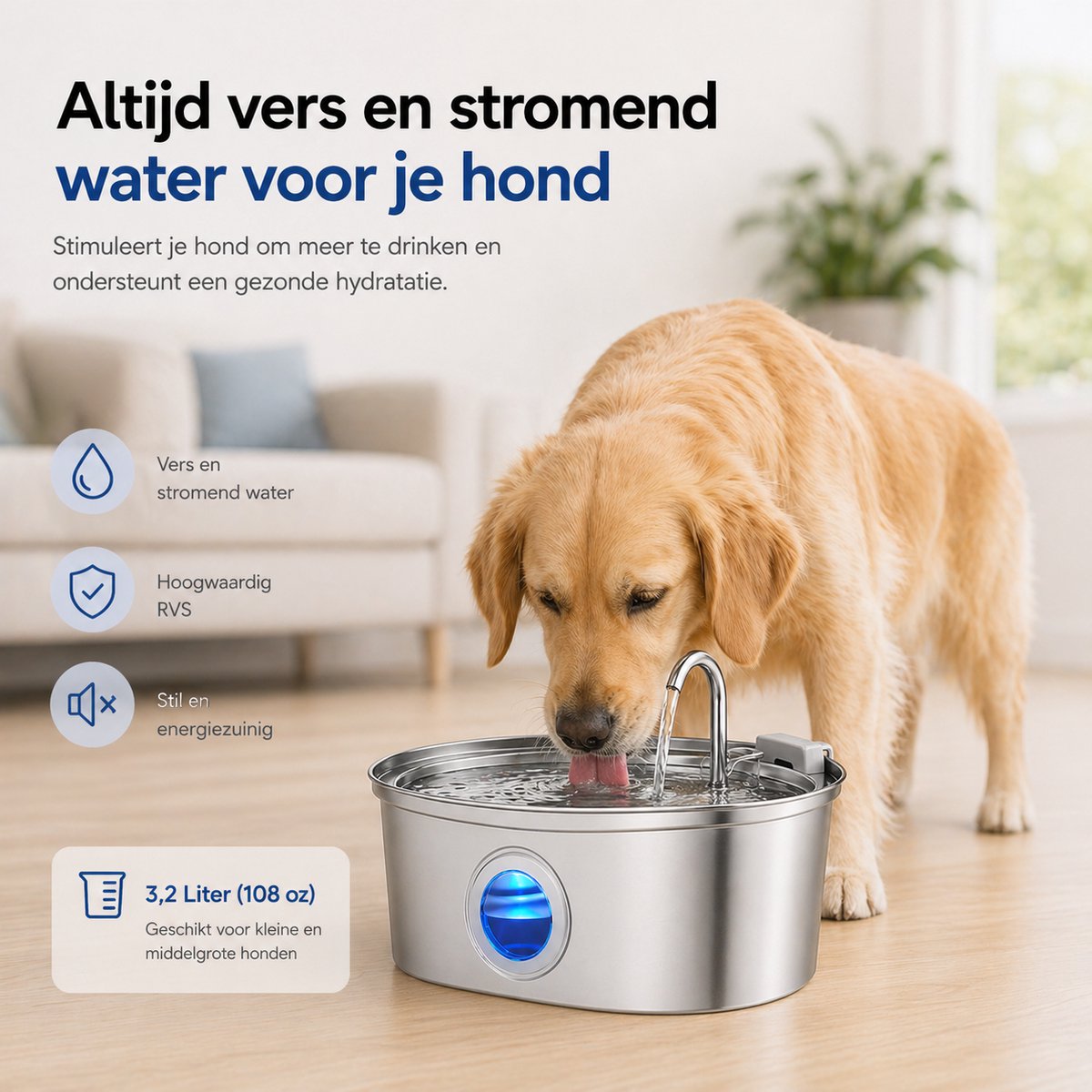BOTC Drinkfontein Kat en Hond - Waterfontein Kat - 108oz/3.2L - Verkoeling Hond/Kat - Dieren drinkbakken - Waterdispenser - RVS thumbnail 3
