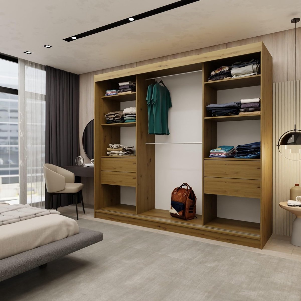 Kledingkast met Spiegel 240 x 61 x 216 cm Bruin Artisan 3-Deurs Schuifdeurkast met Laden Planken en Kledingstangen Moderne Garderobekast Urbanhome