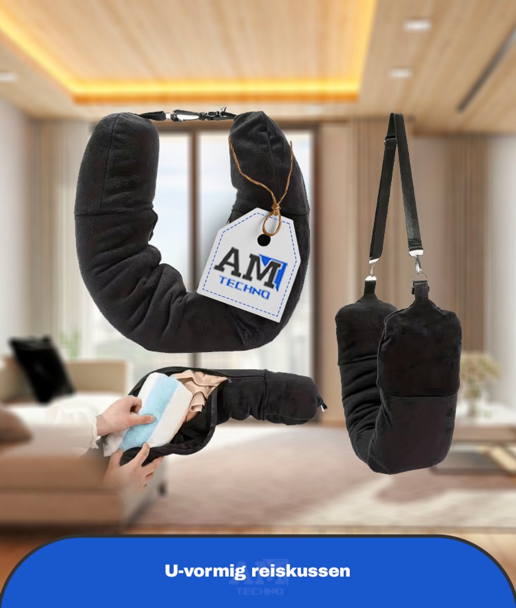Een nieuw U-vormig reiskussen dat gevuld kan worden met kleding, makkelijk mee te nemen, essentieel voor het vliegen en perfect voor dagelijks gebruik, reizen, picknicks en uitstapjes. (zwart)