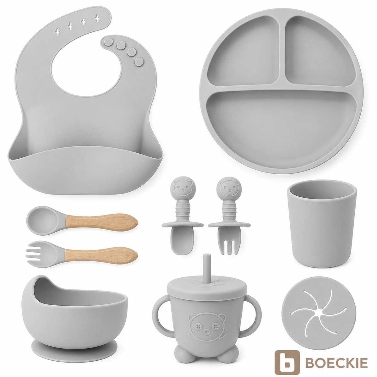 BOECKIE Siliconen Kinderservies 9-delig - Babyservies met Zuignap Grijs Grey