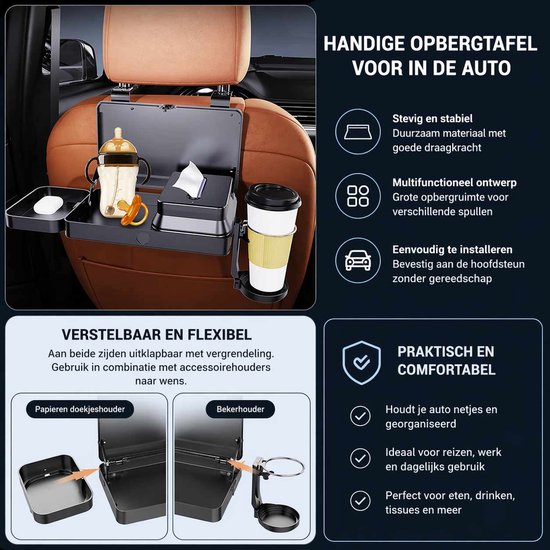 Auto Organizer met Tafel - 3-in-1 Opbergplaat - Eten, Opbergen & Afval - Met Bekerhouder & Tissuehouder - Achterbank Organizer — afbeelding 4