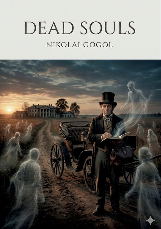 Boekomslag van 'Dead Souls' door Nikolai Gogol, met een man in een hoge hoed en spookachtige figuren op een landweg voor een landhuis.