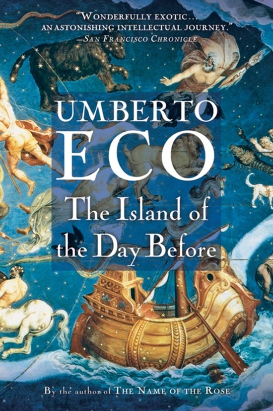 Boekomslag 'The Island of the Day Before' van Umberto Eco, met een schip, mythologische figuren en sterrenbeelden.